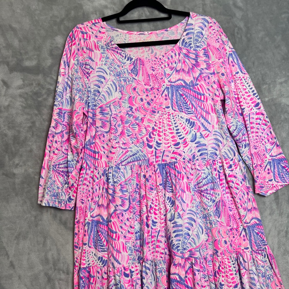 Lilly Pulitzer Pink Purple Shell Print Tiered Cotton Midi Dress Large 3/4 Sleeve - Picture 9 of 10